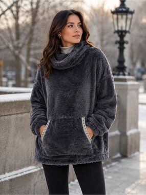 Sundance Womens Gray Cowl Neck Sherpa Mountain Loft Pullover Teddy Sweater XL